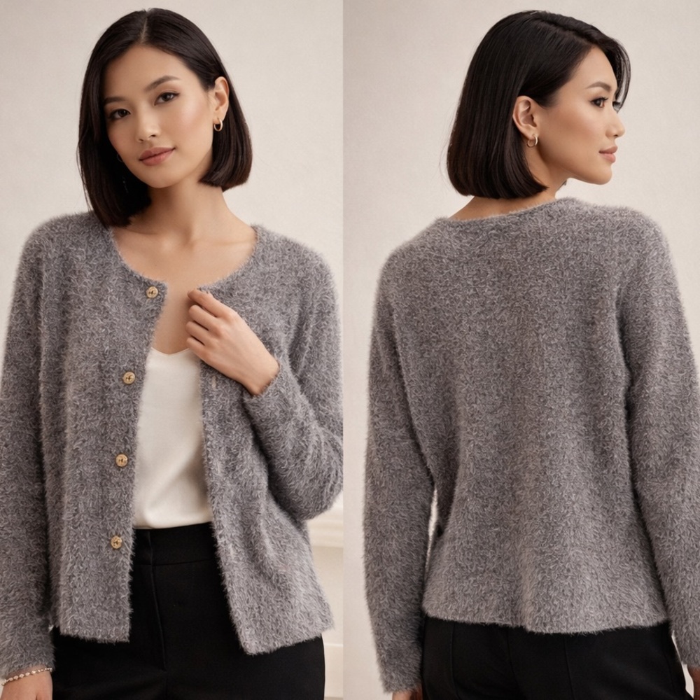 Tahari NWT Fuzzy Gray Soft Luxe Cozy Chic Knit Button Down Cardigan Wms Size XL
